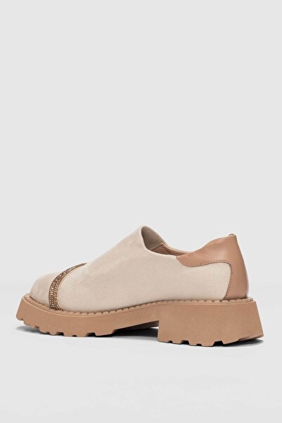 selin shoes Nivan Ön Taşlı Aksesuar Detaylı Kadın Loafer-EKRU SÜET