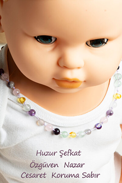 Boas Sertifikalı Bebek Kehribar Kolyesi – Florit, Pembe Kuvars, Ametist ve Mo...