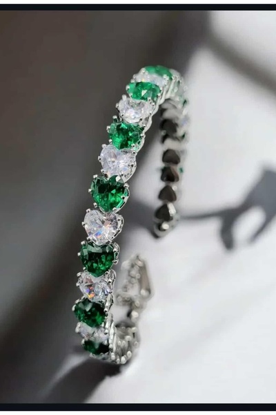 Sasa Steel Jewelry Kadın Yeşil Kalpli Gümüş Zirkon Taşlı Kelepçe Bileklik Çelik