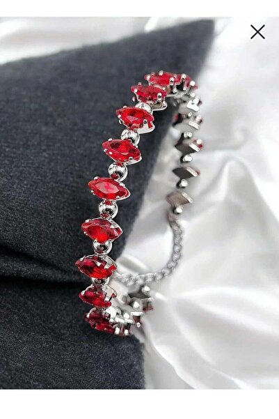 Sasa Steel Jewelry Kadın Kırmızı Gümüş Zirkon Taşlı Kelepçe Bileklik Çelik