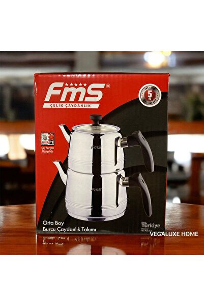 FMS Burcu Medium Size Steel Teapot (Upper Teapot 1.25 - Lower 2.25) Black