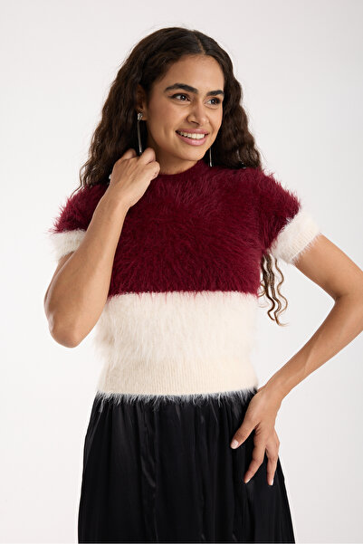 Moda Days Women's Burgundy-Ecru Beard Yarn Two-Tone Short Sleeve Crew Neck Knitwear Sweater