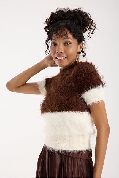 Moda Days Women's Coffee-Ecru Beard Yarn Two-Tone Short Sleeve Crew Neck Knitwear Sweater