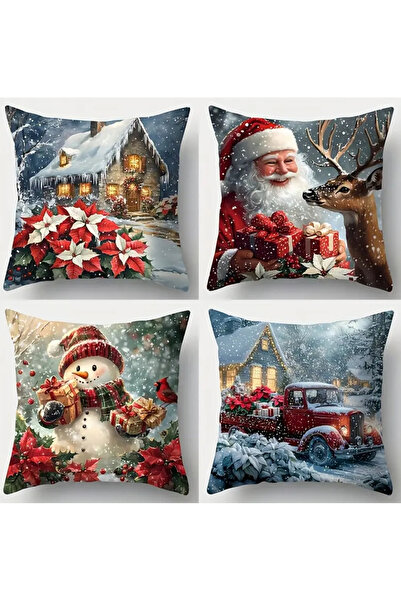 CN 4Pcs Festive Christmas Throw Pillow Covers Set, 44.96cm X 44.96cm - Santa Claus, Deer, Snowman