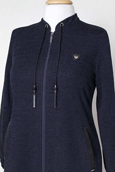 HESNA Anne Women's Plus Size Court Collar with Zipper Pockets Seasonal Navy Blue Coat