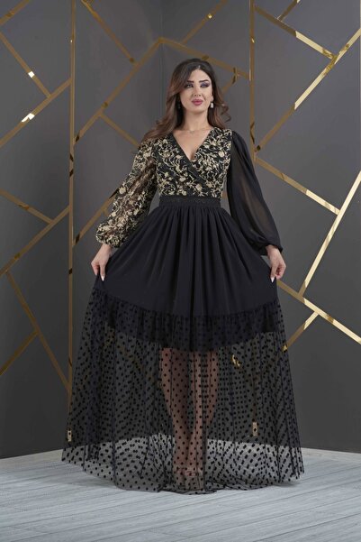 Helen Fashion Üstü Simli Altı Puantiyeli Abiye Elbise