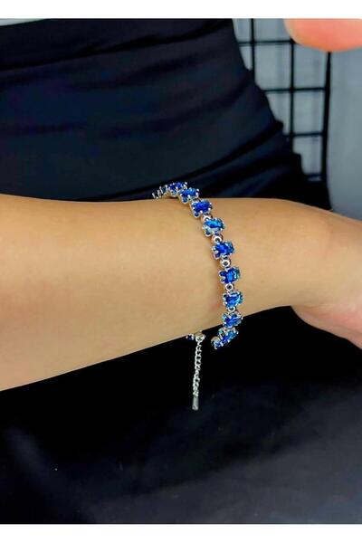 Sasa Steel Jewelry Kadın Mavi Gümüş Zirkon Taşlı Kelepçe Bileklik Çelik