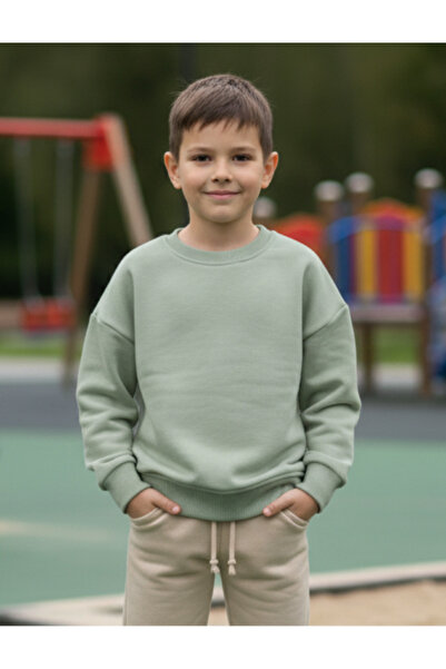 Erkek ve Kız Çocukları İçin 3 iplik Kumaş Açık Yeşil Renkli Sweatshirt %100 Pamuk Unisex