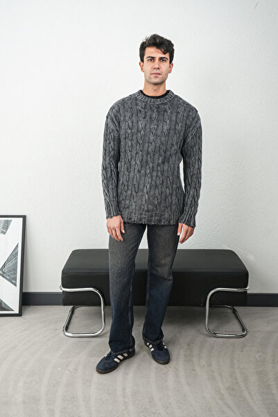 İLKCET MODA Acid Washed Smoked Oversize Knitted Men's Sweater