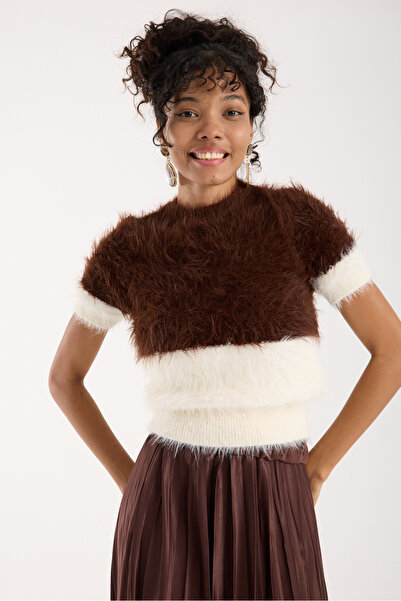 Moda Days Women's Coffee-Ecru Beard Yarn Two-Tone Short Sleeve Crew Neck Knitwear Sweater