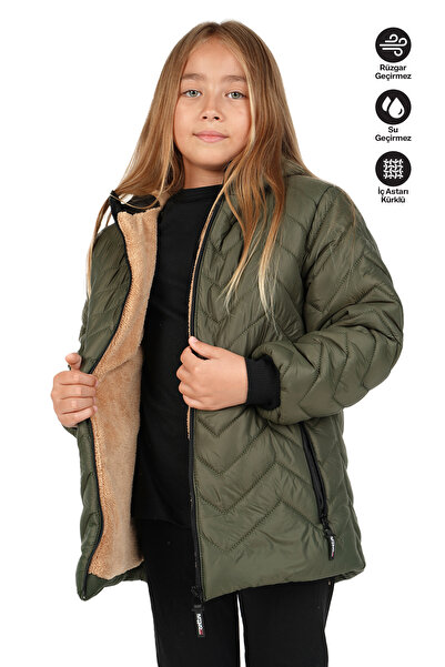 JARMO KİDS Girl's Fur-Lined Hooded Coat with Zigzag Pattern (Water and Windpr...