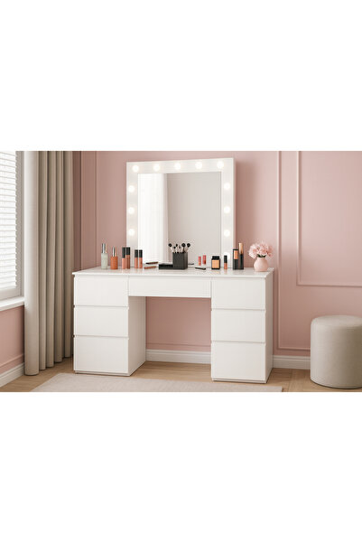 SERSIMO Masă de toaletă și masă de machiaj, cu oglindă LED și 7 sertare, 132x43x152 cm, albă