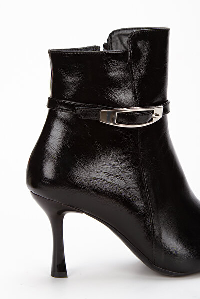 Mimy Siyah Hakiki Deri Görünümlü Sivri Burunlu İnce Topuklu Tokalı Bot MimyShoesF