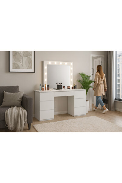SERSIMO Dressing table and makeup table, with LED mirror and 7 drawers, 132x43x152 cm, white