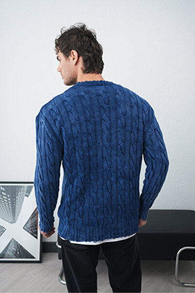 İLKCET MODA Acid Washed Navy Blue Oversize Knitted Men's Sweater