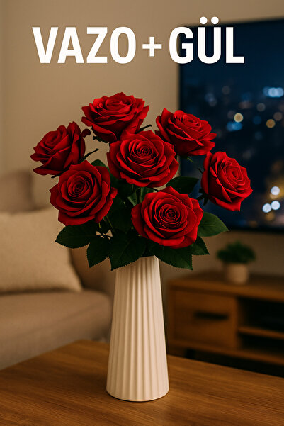 OGWANTO 9’lu Yapay Gül – Vazo İçinde Modern Dekoratif Aranjman