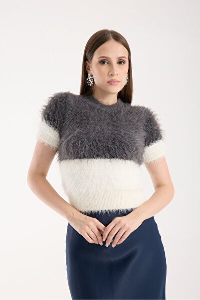 Clothes Fast Women's Smoked-Ecru Beard Yarn Two-Tone Short Sleeve Crew Neck Knitwear Sweater