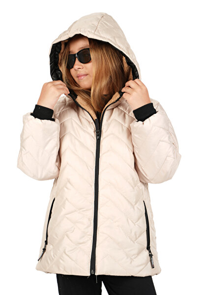 JARMO KİDS Girl's Fur-Lined Hooded Coat with Zigzag Pattern (Water and Windproof)