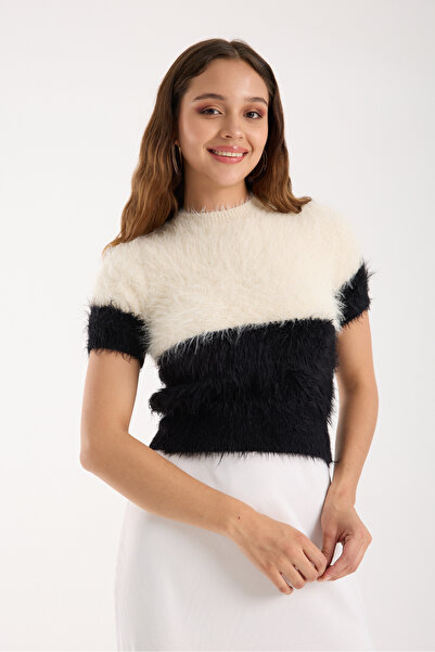 Moda Days Women's Ecru-Black Beard Yarn Two-Tone Short Sleeve Crew Neck Knitwear Sweater