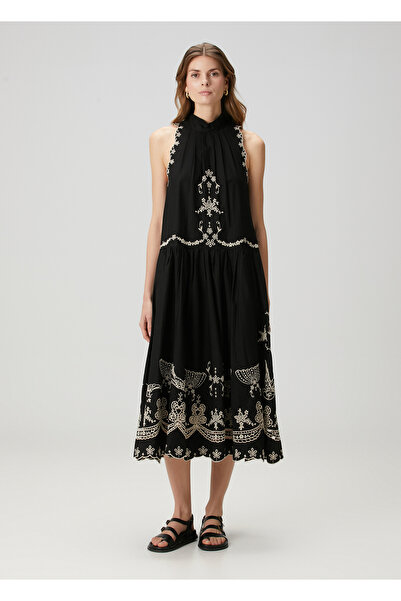 Sea Kingsley Siyah Nakışlı Midi Elbise