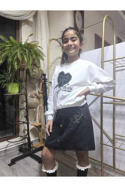 Şimo Butik Eid Girls' Denim Skirt Set (Sweatshirt + Short Denim Skirt with Elastic Waist) Ribbon Smoked