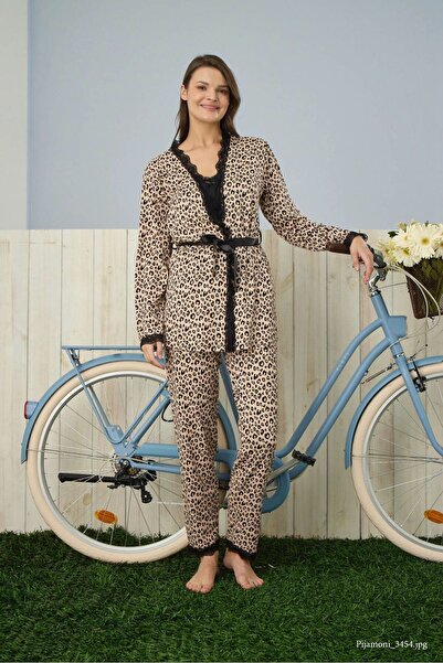 Pijamoni Kadın Milan Kumaş Sabahlıklı Pijama Takım