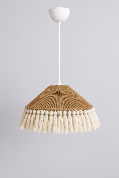 livadesign7 El Yapımı Doğal Bohem Jüt İpli Püsküllü Avize Konik Şekilli Şapka Makrome Püsküllü