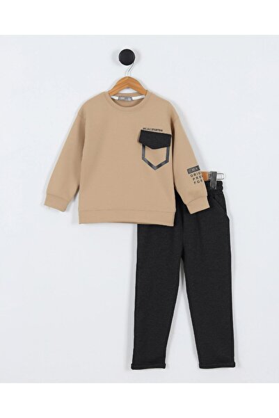 Egelite Boys' Seasonal Letter Printed Sweatshirt with Pocket Detail and Stylish Pants Set 4-11 Years Old