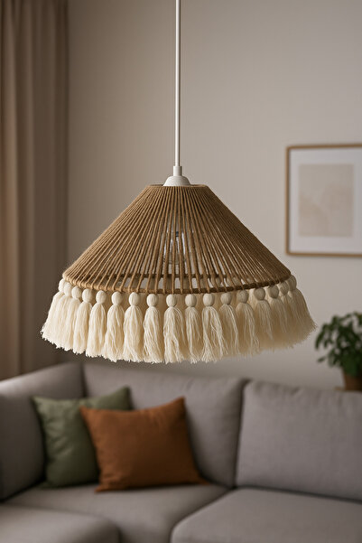 livadesign7 El Yapımı Doğal Bohem Jüt İpli Püsküllü Avize Konik Şekilli Şapka Makrome Püsküllü