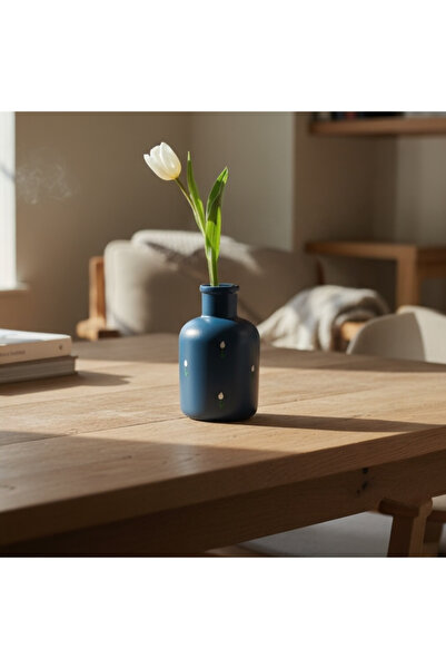 PETROLEUM BLUE SMALL WHITE TULIP PATTERN DECORATIVE VASE 10cm x 6.5cm
