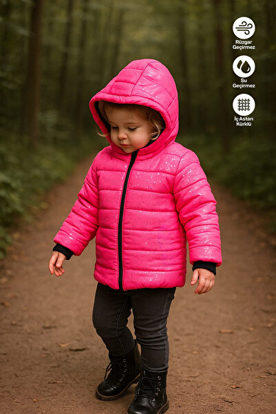 JARMO KİDS Girl's Waterproof and Windproof Outerwear with Shiny Glitter on th...
