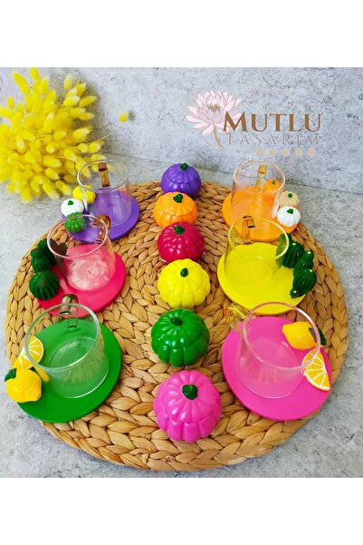 Mutlu Cam türk kahvesi fincanı takımı ve el yapımı meyve konseptli tabakları