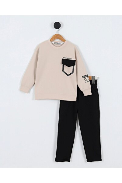 Egelite Boys' Seasonal Letter Printed Sweatshirt with Pocket Detail and Stylish Pants Set 4-11 Years Old