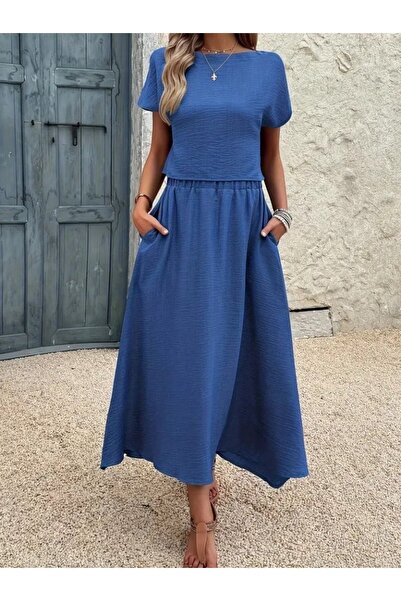 Wear Up Women's Short Sleeve Crew Neck Blouse Skirt Imported Linen Double Suit