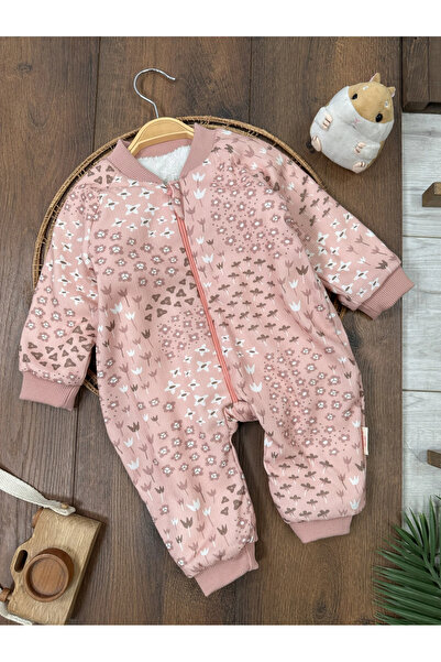 Bolly Baby Flower Patterned Winter Baby Girl Jumpsuit with Wellsoft Fur Insid...