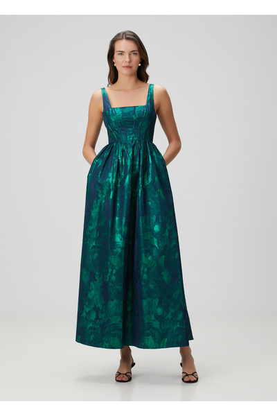 Aidan Mattox Yeşil Varak Desenli Midi Abiye Elbise