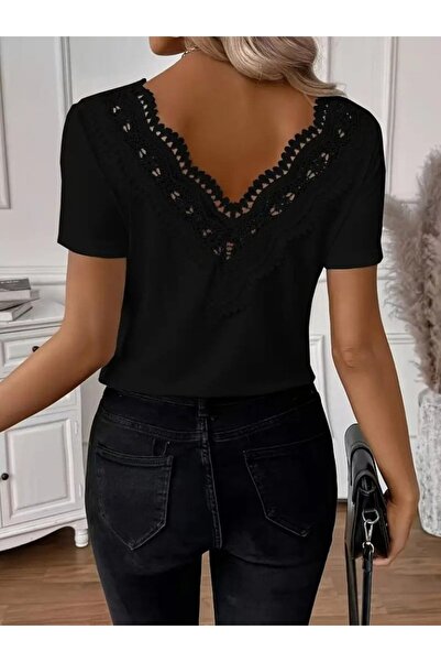 Wear Up Women's Short Sleeve V Neck Back Lace Viscose Blouse