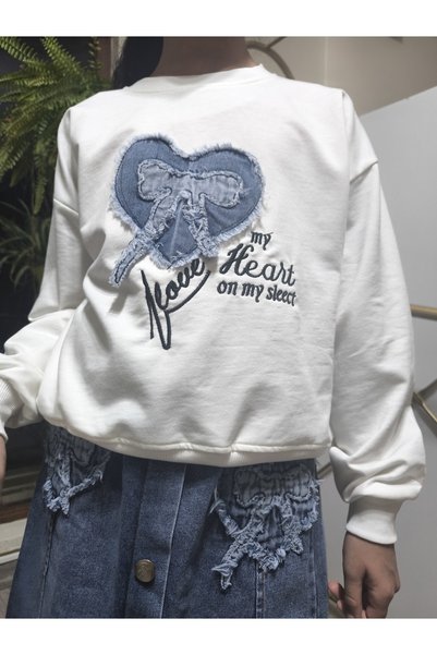 Şimo Butik Eid Girls' Denim Skirt Set (Sweatshirt + Short Denim Skirt with Elastic Waist) Ribbon Blue