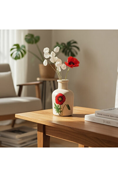 GELİNCİK DESENLİ EL BOYAMASI MİNİ VAZO 10 cm x 6,5 cm