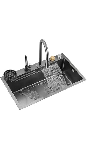 Sanitex Multifunction stainless steel kitchen sink with accessories, 2 faucets, gray, 750x460mm