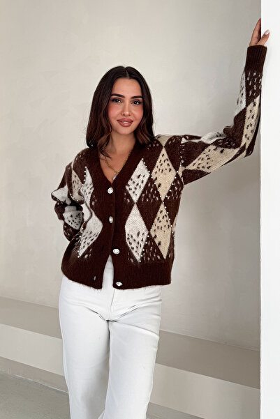 Noa Noa Women's Argyle Pattern Knit Cardigan – Retro & Elegant Style