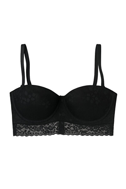 Lemila Balconette Bra Bustier with Push-Up and Lace, Black