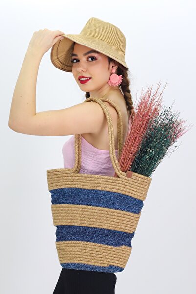 NEŞELİ HOME Jutty Blue Striped Jute Straw Beach Bag Marine Style Large Size S...