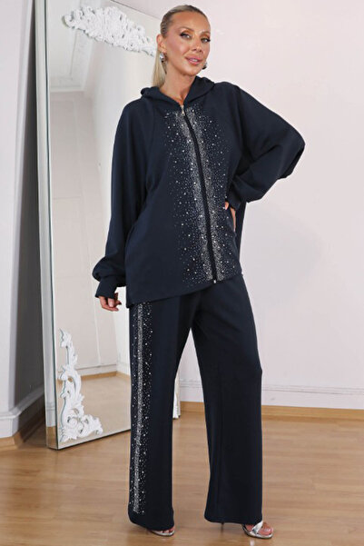 AYASOFYA OTANTIK Жіночий комплект з блакитною кофтою на блискавці з капюшоном і деталями з каменів та штанами на резинці