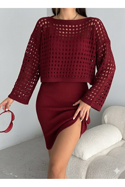 buğrahayalin Women's Long Sleeve Hollowed Sweater Suspender Dress Knitwear Double Set