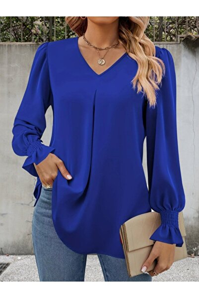Wear Up Women's Long Sleeve V-Neck Loose Imported Crepe Blouse