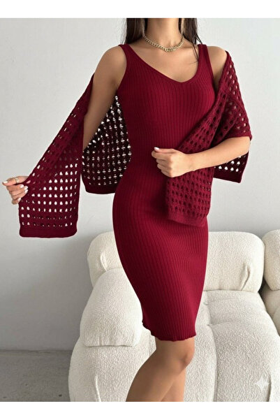 modaserdem Women's Long Sleeve Hollowed Sweater Suspender Dress Knitwear Double Set