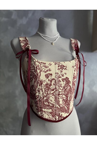 SARA Clothessy Bordo krem fransız köylüler korse