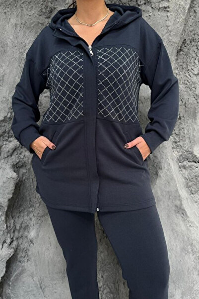AYASOFYA OTANTIK Women's Navy Blue Sequin Embroidered Hooded Zipper Closure Jacket Elastic Waist Pants Plus Size Set