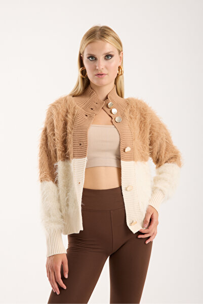 Moda Days Women's Beige-Ecru Beard Yarn Two-Tone Gold Buttoned Stand-Up Collar Knitwear Cardigan